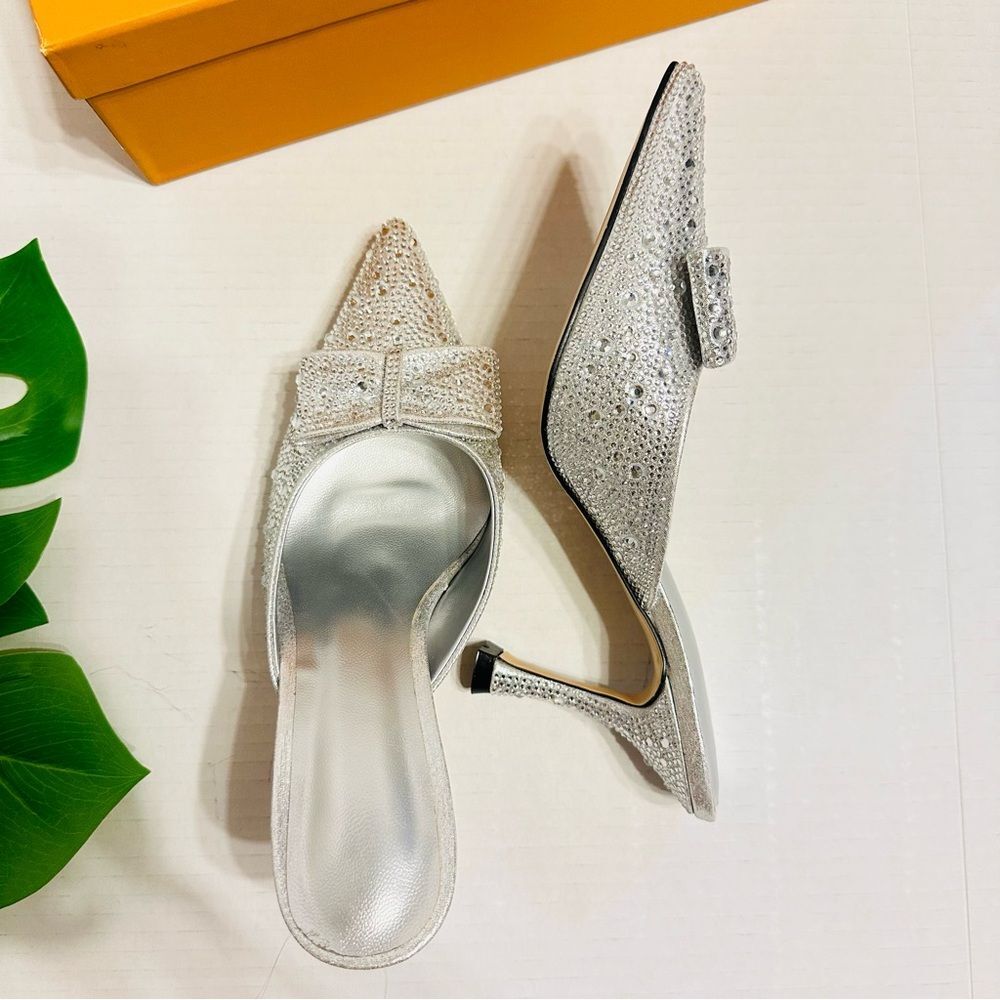 Rhinestones Crystals Heeled Mules With Bow Slip On Dress Shoes Womens Sz 6 NEW - Picture 1 of 16